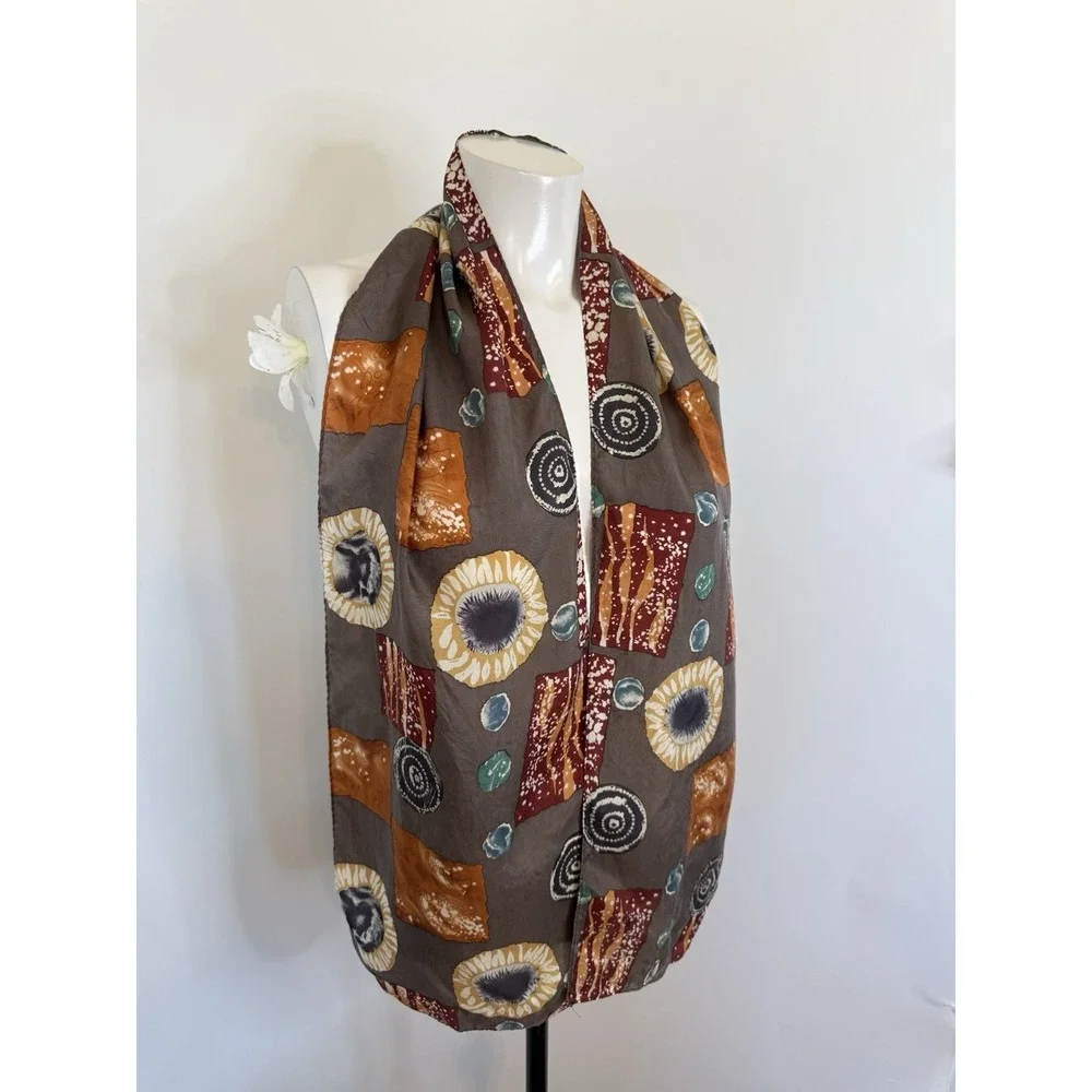 Vintage Silky Scarf Rectangular Brown Orange Teal Abstract 58